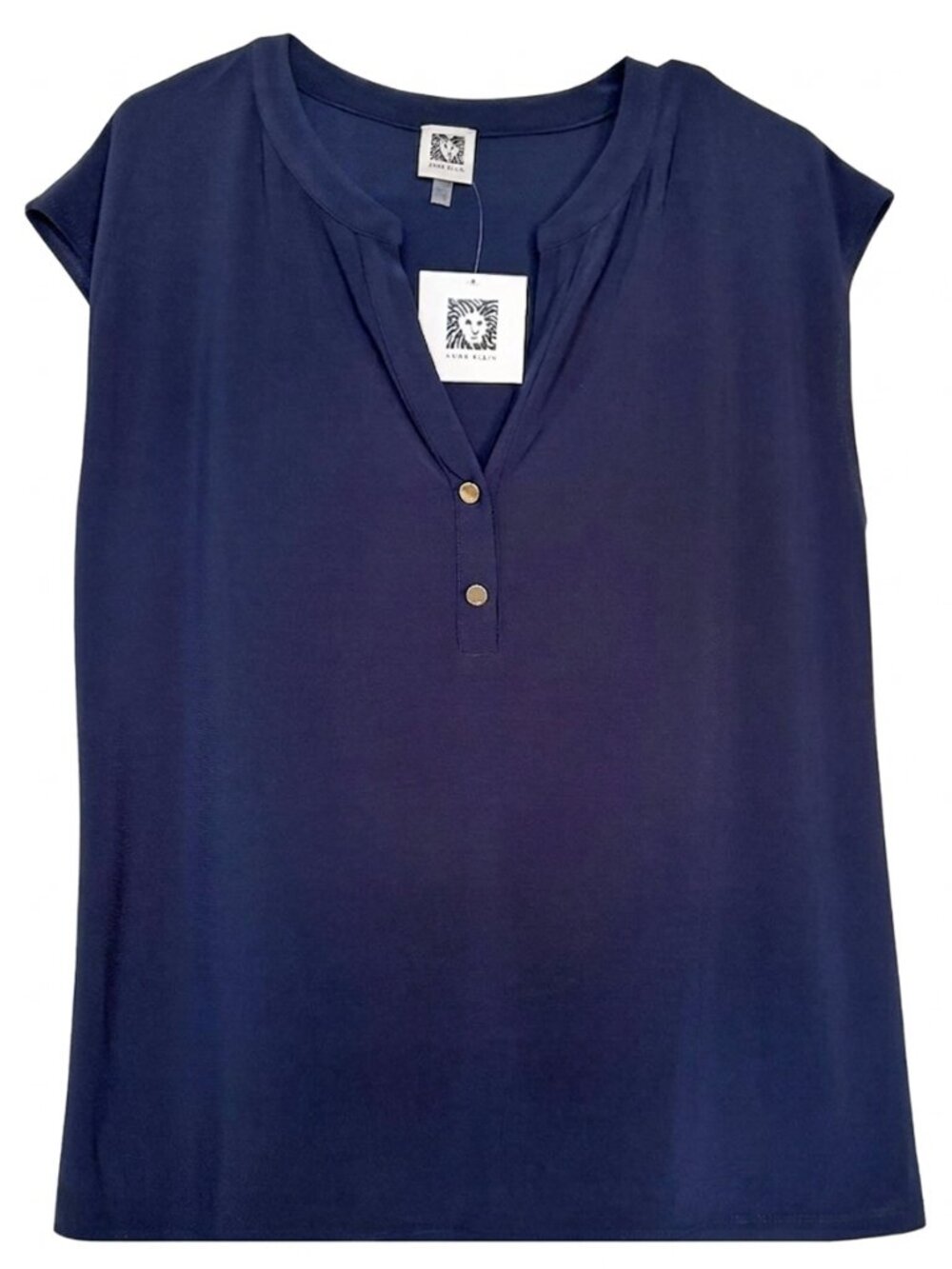 NWT Anne Klein Navy Blue Sleeveless V-Neck Henley Blouse Gold Buttons Large